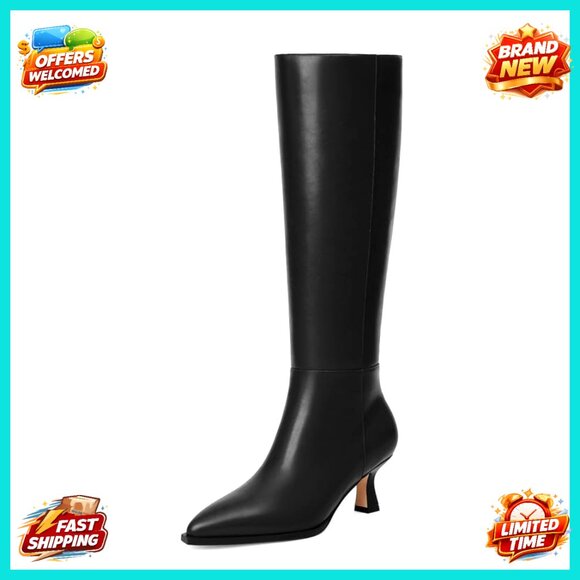 Knee High Boots Faux Leather Pointed Toe Kitten Heel Side Zipper Women's Shoes